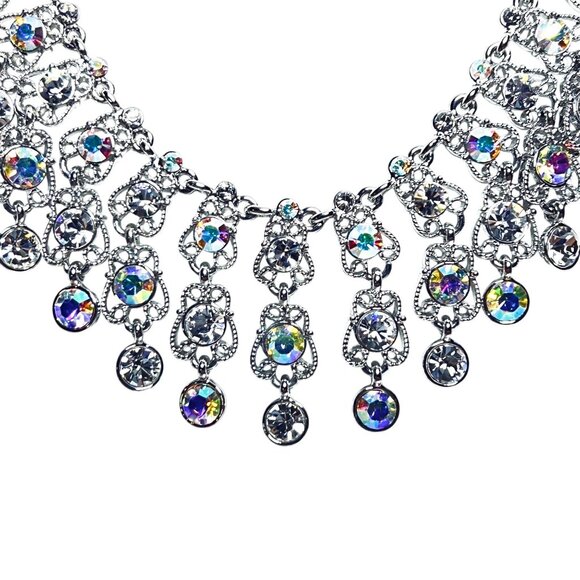 Kirks Folly Silver Tone Aurora Borealis Crystal Rhinestone Bib Necklace (5993) - Picture 4 of 12